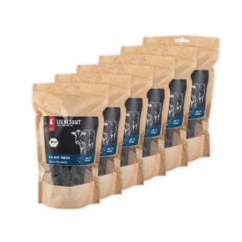 Sechs Kraftpapier-Beutel Liebesgut Bio-Rind Pansen Hundesnacks mit schwarzem Kuh-Label mit Aufschrift 'BIO‑RIND PANSEN'