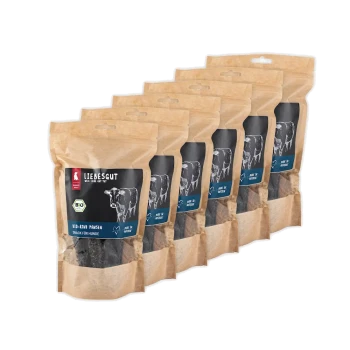 Sechs Kraftpapier-Beutel Liebesgut Bio-Rind Pansen Hundesnacks mit schwarzem Kuh-Label mit Aufschrift 'BIO‑RIND PANSEN'