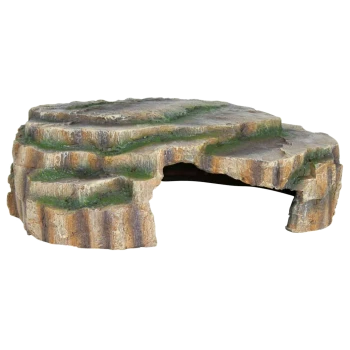 Ein realistisches, steinförmiges Versteck für Haustiere mit strukturierten Oberflächen und grünen Akzenten, entworfen für Reptilien oder kleine Tiere.