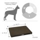 Braunes Hundematratze von Doctor Bark, waschbar bis 95°C, trocknergeeignet, mit Text, der Sauberkeit und Pflegeleichtigkeit hervorhebt.