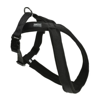 Schwarzes Haustiergeschirr mit verstellbaren Riemen und einem metallischen D-Ring zur Leinenbefestigung, mit dem Logo "AniOne".