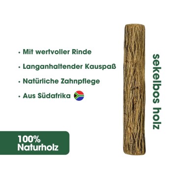 Natürlicher Sekelbos-Kauspielzeug für Haustiere, beschriftet mit '100% Naturholz' und Vorteilen auf Deutsch: 'Wertvolle Rinde', 'Langanhaltender Kauspaß.'