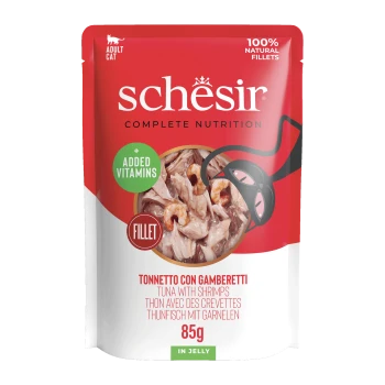 Schesir adult cat food pouch, tuna with shrimps fillets in jelly, 85g, 100% natural fillets, added vitamins.