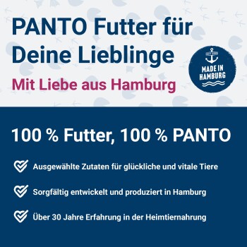 PANTO Hundefutteranzeige mit dem Slogan "100% Futter, 100% PANTO", der hochwertige Zutaten und Expertise in Deutsch hervorhebt.