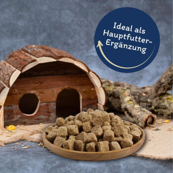 Hölzernes Haustierhaus mit einem Teller brauner Haustierfutterwürfel und Text „Ideal als Hauptfutter-Ergänzung“ in einem blauen Kreis.
