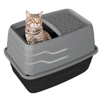 Grau-schwarze Katzentoilette mit Deckel und Einstieg von oben sowie strukturierter oberer Rampe; eine getigerte Katze lugt durch die seitliche Öffnung