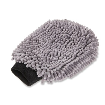 Grauer Chenille-Mikrofaser-Pflegehandschuh für Haustiere mit schwarzem elastischem Handgelenkabschluss und nudelartiger Florstruktur.