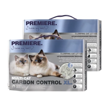 Dwie torby żwirku dla kotów Premiere Multi-Cat Carbon Control XL z dwoma puszystymi kotami na przodzie, z tekstem podkreślającym kontrolę zapachów.