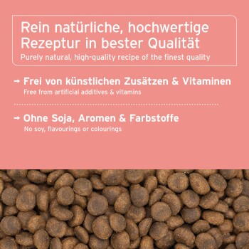 Braune Trocken-Kroketten unter einem rosa Etikett mit der Aufschrift „Rein natürliches, hochwertiges Rezept“ und Angaben „Frei von künstlichen Zusatzstoffen & Vitaminen“ und „Ohne Soja, Aromastoffe oder Farbstoffe“.