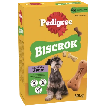 Pedigree Biscrok Multi Mix Hundeleckerli-Box mit kleinem Hund, Keksen und Text, der natürliche Zutaten und 500g Gewicht hervorhebt.
