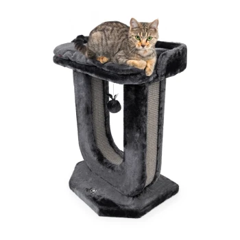 Design Kratzstamm Unique Eine graue Katze, die auf einem plüschigen Katzenbaum mit geschwungenem Design liegt, mit einem Kratzbaum und einem baumelnden Spielzeug.