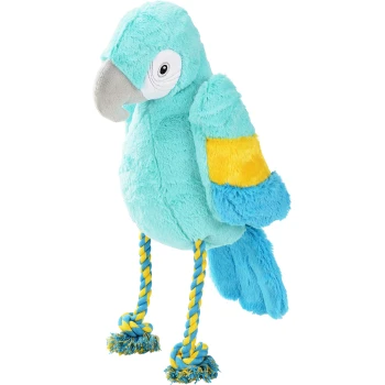 Pluszowa zabawka w kształcie papugi w intensywnym turkusie i żółci, z nogami z liny z frędzlami, idealna do zabawy dla zwierząt domowych.