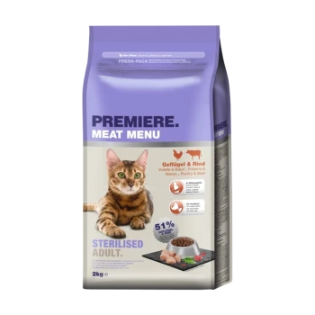 Katzenfutterbeutel mit dem Etikett "Premiere Meat Menu" mit einer getigerten Katze, mit Text, der 51% Fleischgehalt angibt, geeignet für sterilisierten erwachsenen Katzen, 2 kg.
