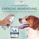 Pawlie's Zahnspray wird im Maul eines Hundes angewendet, mit Text, der die einfache Anwendung und eine Bewertung von 1.4 "SEHR GUT" hervorhebt.