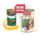 Zwei Dosen Animonda GranCarno erwachsenes Hundefutter mit Wildfleisch, zeigen altes und neues Design mit der Aufschrift „NEUES DESIGN“