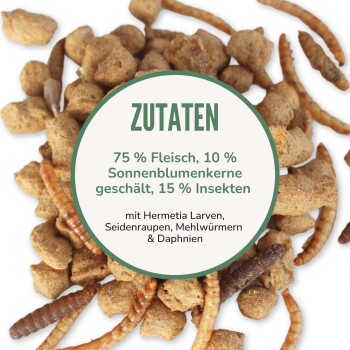 Tiernahrung mit Trockenfutter und Insekten, beschriftet mit "ZUTATEN: 75% Fleisch, Saaten & Insekten, mit Hermetia, Seidenraupen, Mehlwürmern, Daphnien."