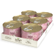 Sechs Dosen von Betty's Landhausküche Hundefutter mit einem rosa Etikett, das eine Kuhillustration zeigt, mit den Aufschriften "Rind pur mit Leinsamen" und "Extra viel Fleisch."