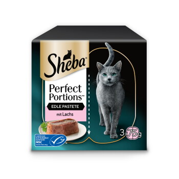 Sheba Perfect Portions Katzenfutterkarton mit grauer Katze, Bild einer Lachs-Pastete und sichtbarem Text 'Edle Pastete', 'mit Lachs', '3x75 g'.
