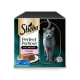 Sheba Perfect Portions Katzenfutterkarton mit grauer Katze, Bild einer Lachs-Pastete und sichtbarem Text 'Edle Pastete', 'mit Lachs', '3x75 g'.