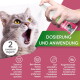 Graue Katze mit offenem Maul wird besprüht; Hand hält Sprühflasche; grüner Banner mit 'DOSIERUNG UND ANWENDUNG' und Emblem '2 zweimal täglich'.