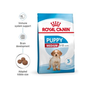 Royal Canin Puppy Medium dog food bag with a puppy image, emphasizing immune support, brain development, and adapted kibble size.