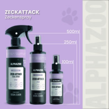ALPHAZOO Force Zeck-Attack Zeckenabwehrspray für Hunde und Katzen, das seine präventive Anwendung und Hauptbestandteile zeigt.