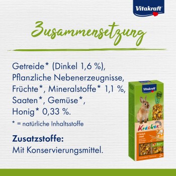 Vitakraft Tiernahrungsverpackung mit einem Kaninchen, das Zutaten auflistet: Getreide, Früchte, Mineralien, Samen, Gemüse und Honig.
