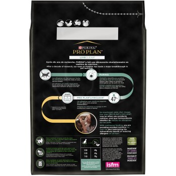 Sac de nourriture pour chat Purina Pro Plan LiveClear, noir, montrant le logo « LiveClear », la mention « 47 % » de réduction des allergènes et une personne tenant un chat.