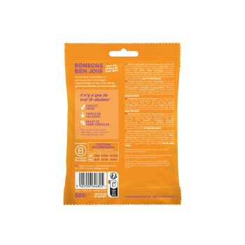 Emballage orange pour friandises pour chiens étiqueté "BONBONS BIEN JOUÉ" avec un texte mettant en avant du poulet frais, peu de calories et une recette sans céréales.