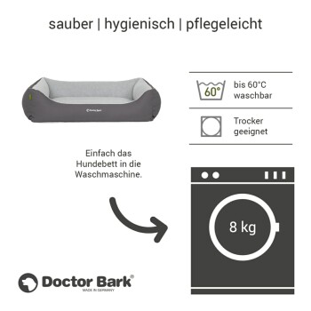 Hundebett von Doctor Bark, grau mit einem hellgrauen Innenraum, maschinenwaschbar bis 60°C, für den Trockner geeignet, pflegeleicht.