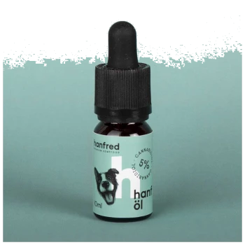 Flasche mit Hanföl für Hunde mit dem Etikett "hanfred" und einer lächelnden Hundillustration, 10 ml, 5% Cannabidiol, auf einem türkisfarbenen Hintergrund.