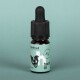 Flasche mit Hanföl für Hunde mit dem Etikett "hanfred" und einer lächelnden Hundillustration, 10 ml, 5% Cannabidiol, auf einem türkisfarbenen Hintergrund.