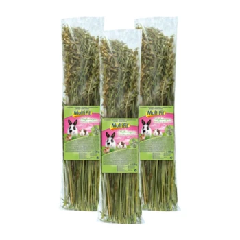 Drei Packungen MultiFit-Heu für Kaninchen, mit einem bunten Etikett, das ein Kaninchenbild und Nährwertinformationen zeigt.