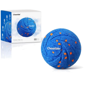 Blauer interaktiver Haustier-Spielzeugball mit der Aufschrift "Cheerble Wicked Ball Air" und orangefarbenen Punkten, entworfen für mittelgroße und große Hunde.