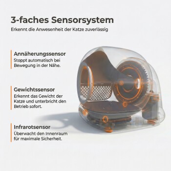 Transparente automatische Katzentoilette mit hervorgehobenen Sensoren; sichtbare deutsche Überschrift '3-faches Sensorsystem' und Sensorbeschriftungen.