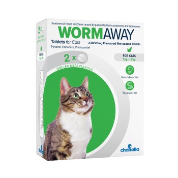 Box of WORMAWAY cat dewormer tablets, grilled meat flavour 2x, for cats 1-8kg; treats roundworms and tapeworms, cat photo.