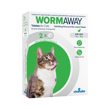 Box of WORMAWAY cat dewormer tablets, grilled meat flavour 2x, for cats 1-8kg; treats roundworms and tapeworms, cat photo.