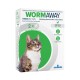 Box of WORMAWAY cat dewormer tablets, grilled meat flavour 2x, for cats 1-8kg; treats roundworms and tapeworms, cat photo.