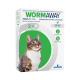 Box of WORMAWAY cat dewormer tablets, grilled meat flavour 2x, for cats 1-8kg; treats roundworms and tapeworms, cat photo.