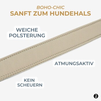 Ein stilvolles Haustierhalsband mit einem geometrischen rosa und beigen Muster, mit einer silbernen Schnalle und einem dekorativen Quasten.