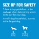 Blue poster reading "SIZE UP FOR SAFETY" and advising to follow package sizing; shows S ≤20 lb (≤9 kg) and M 15–35 lb (7–16 kg).