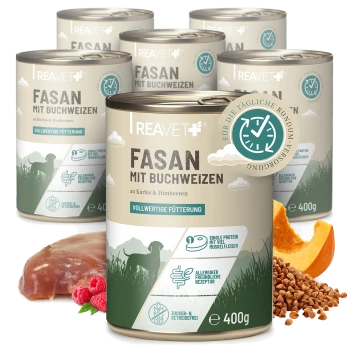 Dosen von REAVET Haustierfutter mit "Fasan mit Buchweizen" mit Kürbis und Himbeeren, gekennzeichnet als vollständige Ernährung, jeweils 400 g.