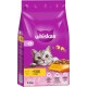 Whiskas Katzenfutterbeutel mit einer verspielten grauen Katze, mit Text, der den Hühnergeschmack und die Nährstoffvorteile hervorhebt, 3,8 kg.