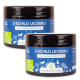 Zwei Gläser "Z-Schild Leckerli," ein Ergänzungsfutter für Hunde, mit einem blauen Etikett mit weißem Text und Illustrationen von Hunden und Pflanzen.
