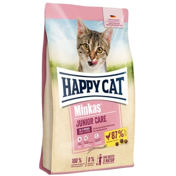 Happy Cat Minkas Junior Care Tasche mit einer verspielten Katze, die 87% tierisches Protein für Kätzchen ab 13 Wochen enthält.