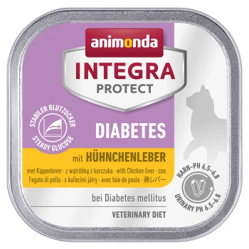 Integra Protect Diabetes 16x100g Hühnchenleber Dosenhundefutter mit der Aufschrift "Animonda Integra Protect Diabetes" mit Hühnerleber, mit ernährungsphysiologischen Angaben für stabilen Blutzucker und Harn-pH.