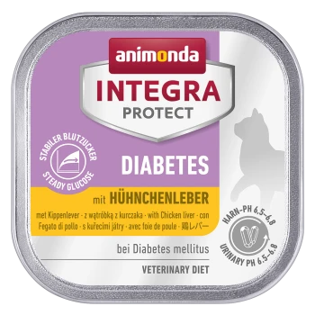Dosenhundefutter mit der Aufschrift "Animonda Integra Protect Diabetes" mit Hühnerleber, mit ernährungsphysiologischen Angaben für stabilen Blutzucker und Harn-pH.