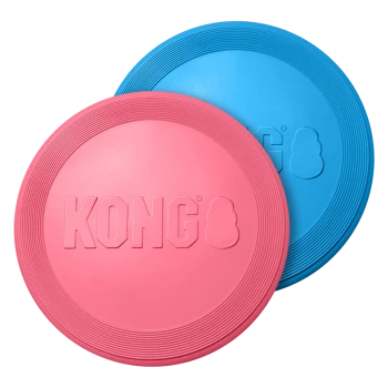 Deux frisbees en caoutchouc de marque KONG pour chiens, un rose et un bleu, avec bords texturés sur fond blanc.
