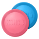 Deux frisbees en caoutchouc de marque KONG pour chiens, un rose et un bleu, avec bords texturés sur fond blanc.