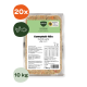 Verpackte BARFER'S Komplett‑Futterschale mit Aufschrift 'Komplett‑Mix Huhn & Lachs', Huhn‑ und Fischsymbole, Kennzeichnungen '20x', '10 kg', 'e 500 g'.